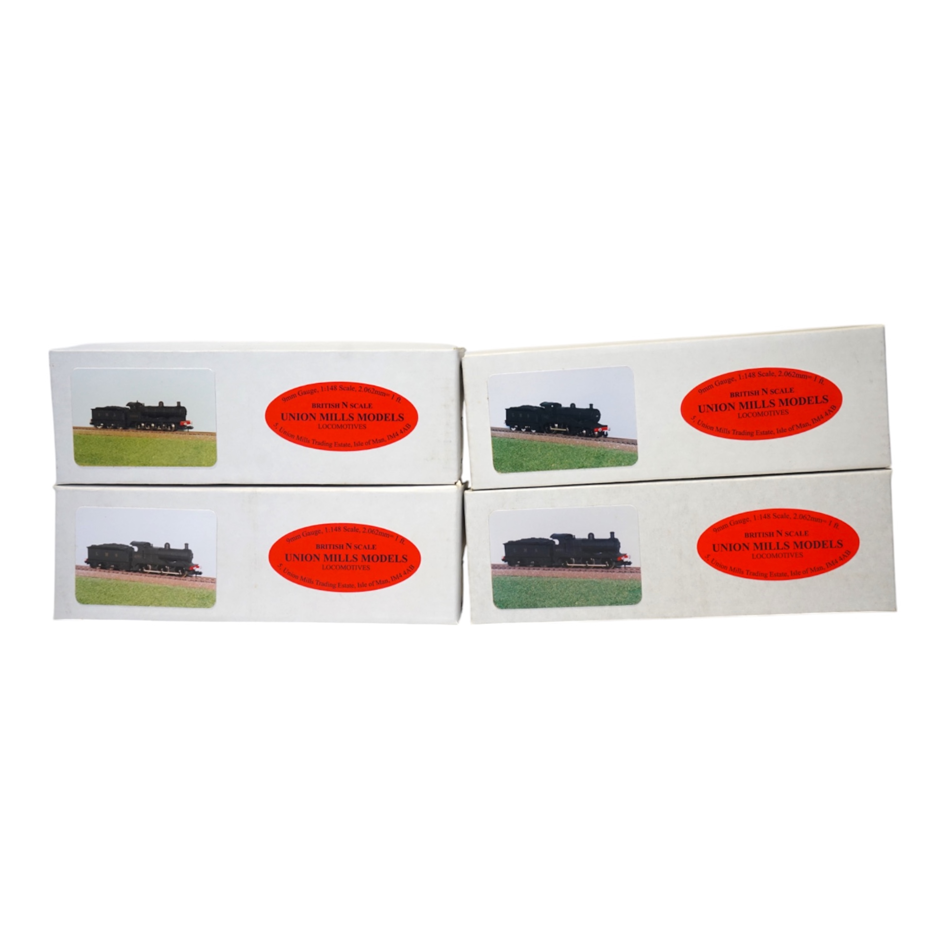 Four boxed Union Mills N gauge railway LMS tender locomotives; a Class G2, 9032, two Class 3F, 3777 and 3394, and a Class 2P, 542. Condition - good.